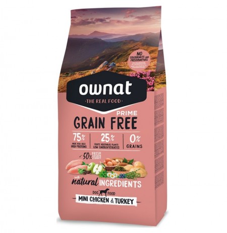 Ingredientes Ownat Prime Grain Free Mini de pollo y pavo para perros minis o de tamaño pequeño
