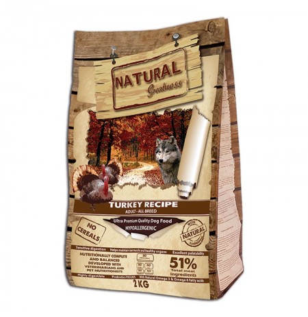 Saco de pienso Natural greatness pavo para perros de 2Kg