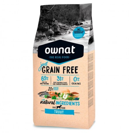Saco de pienso Ownat Just Grain Free de trucha para perros adultos 14Kg