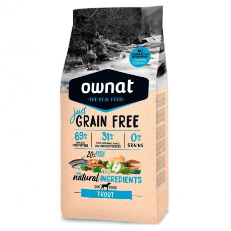 Saco de pienso Ownat Just Grain Free de trucha para perros adultos 14Kg
