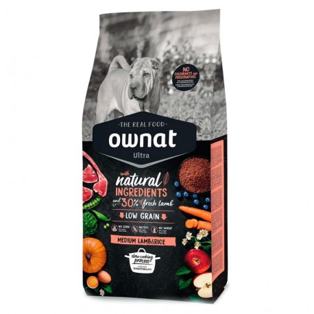 Saco Ownat Ultra Medium de cordero y arroz para perros de razas medianas de 14Kg