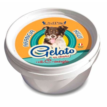 Helado en tarrina de sabor naranja y kiwi con vitaminas para perros unipro gelato de 60g