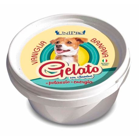 Helado en tarrina de sabor vainilla y plátano con vitaminas para perros unipro gelato de 60g 