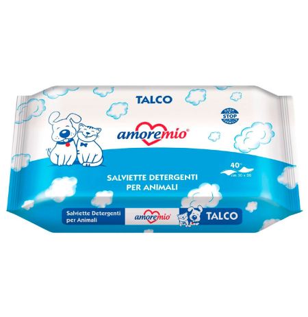 Toallitas húmedas talco amoremio para perros y gatos de 40 unidades y 30cm x 20cm de tamaño