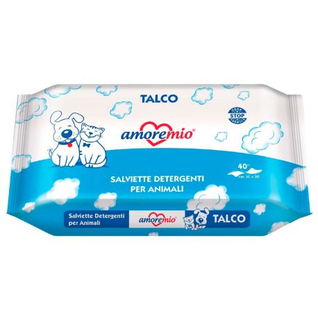 Toallitas húmedas talco amoremio para perros y gatos de 40 unidades y 30cm x 20cm de tamaño