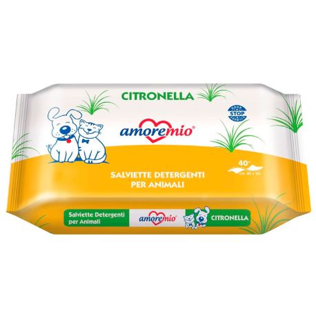 Toallitas húmedas citronela amoremio para perros y gatos de 40 unidades y 30cm x 20cm de tamaño