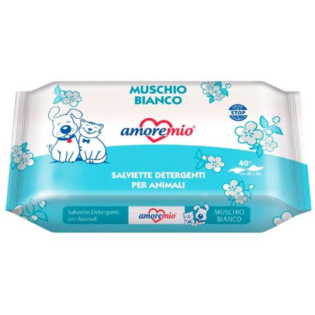 Toallitas húmedas Musgo Blanco amoremio para perros y gatos de 40 unidades y 30cm x 20cm de tamaño 