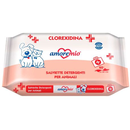 Toallitas húmedas Clorhexidina amoremio para perros y gatos de 40 unidades y 30cm x 20cm de tamaño