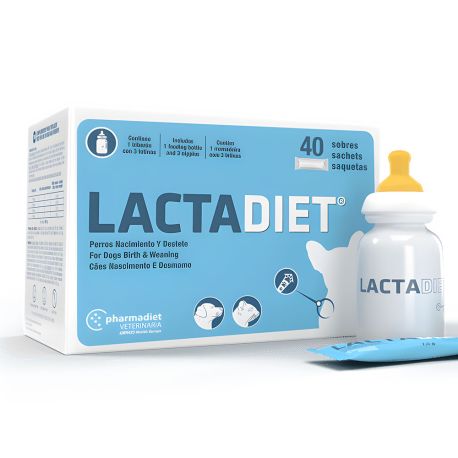 Pharmadiet Lactadiet leche y biberón para nacimiento y destete de perros cachorros de 40 sobres y 300g