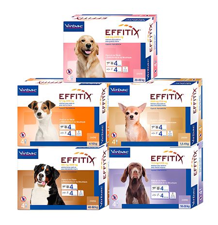 Cajas o envases de todos los formatos de Effitix de 4 pipetas para perros