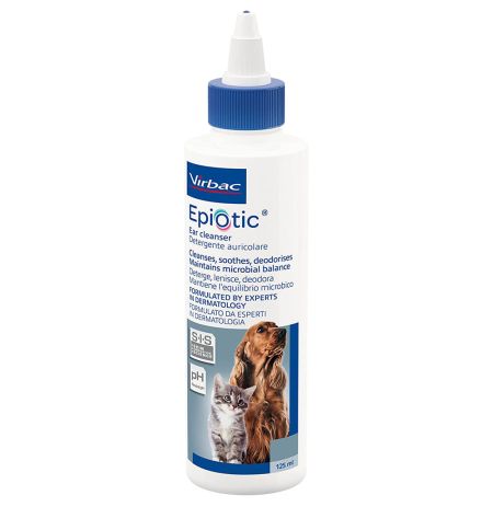 Envase de 125ml del Virbac epiotic para limpiar orejas o oídos de perros gatos, cachorros y gatitos