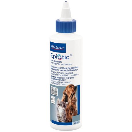 Envase de 125ml del Virbac epiotic para limpiar orejas o oídos de perros gatos, cachorros y gatitos