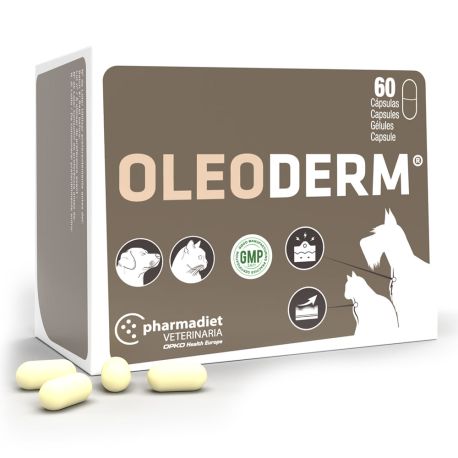 Nuevo diseño caja Pharmadiet Oleoderm de 60 comprimidos o cápsulas para perros y gatos