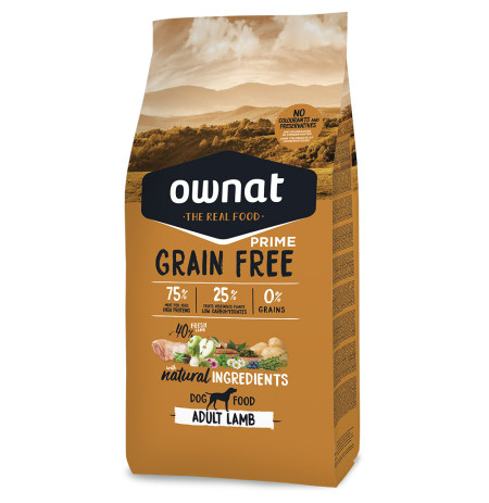 Saco de Pienso Ownat prime grain free adult lamb para perros en 12Kg