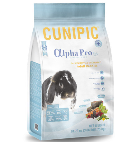 Pienso o comida Cunipic conejo esterilizado o sensible alpha pro light sin cereales en saco de 1,75kg