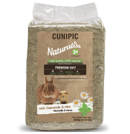 Cunipic Naturaliss heno de manzanilla y menta para conejos y roedores en saco de 500g