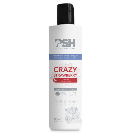 Psh crazy strawberry champú nutricion sensible para perros y gatos en formato de 300ml