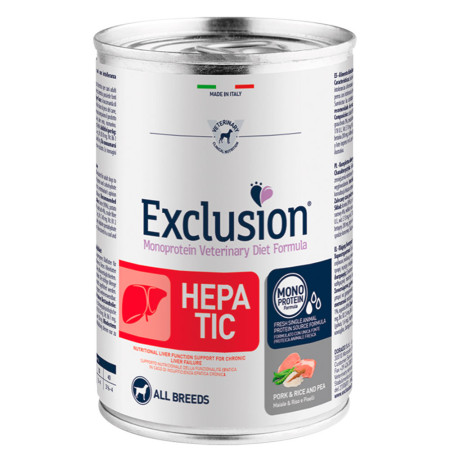 Exclusion Lata Hepatic Pork & Rice and pea para perros