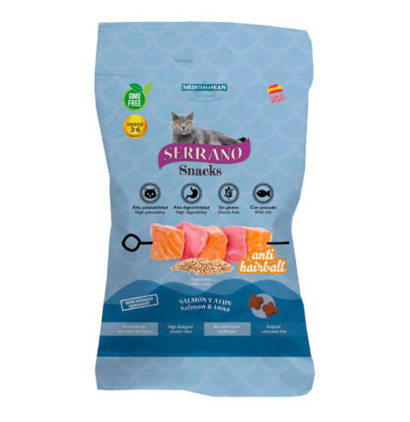 Nuevos snacks serrano para gato antihairball sabor a salmón y atún 50g