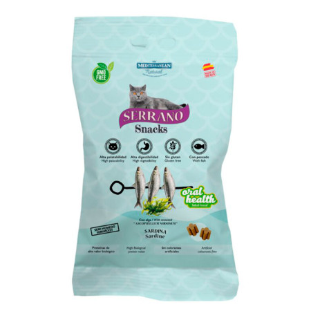 Nuevos snacks serrano mediterranean natural para gato salud dental y bucal de pelo sabor a sardina 50g