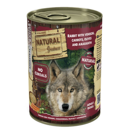 Natural greatness Conejo con Venado, Zanahorias, Aceitunas y Amaranto latas para perros