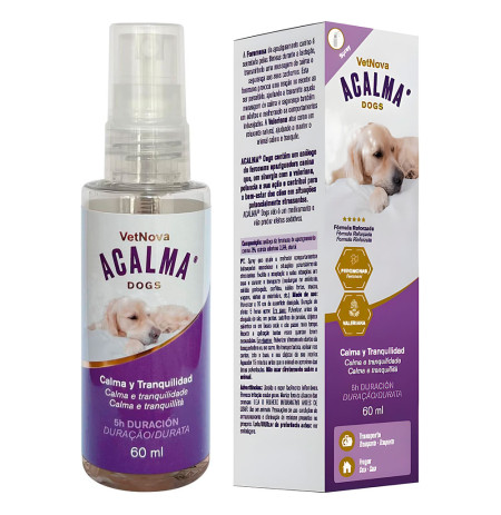 Caja y spray de Vetnova Acalma Dogs para perros