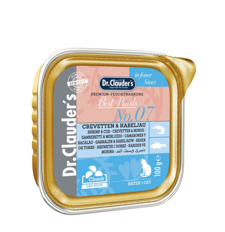 Dr. Clauder Tarrina Best Pearls en salsa Camarones y Bacalao para gatos