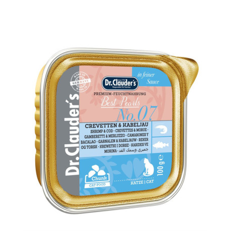 Dr. Clauder Tarrina Best Pearls en salsa Camarones y Bacalao para gatos