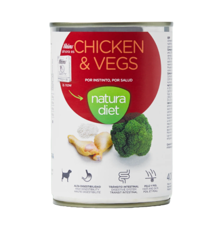 Vista Frontal Natura diet lata chicken & vegs (pollo y verduras) para perros