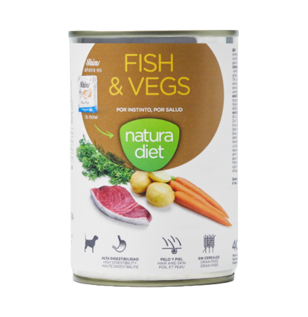 Vista frontal Natura diet lata fish & vegs (pescado y verduras) para perros