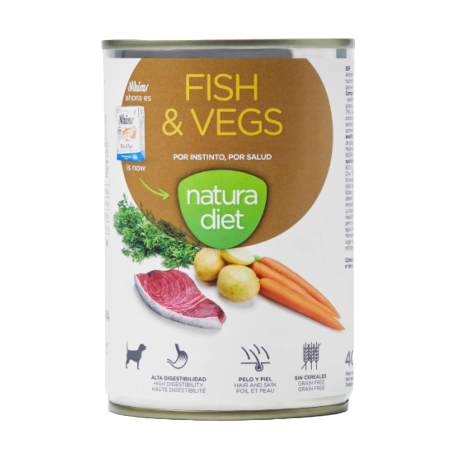 Vista frontal Natura diet lata fish & vegs (pescado y verduras) para perros
