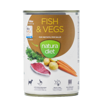 Vista frontal Natura diet lata fish & vegs (pescado y verduras) para perros