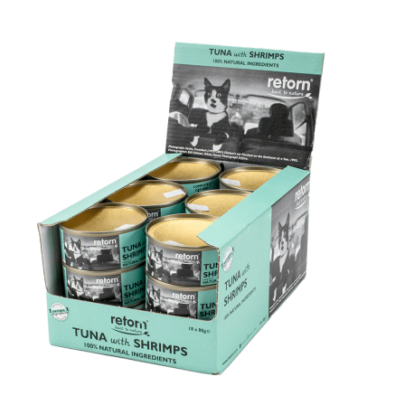 Caja de 18 Latas de Retorn latas cat atún con gambas para gatos en formato de 80g
